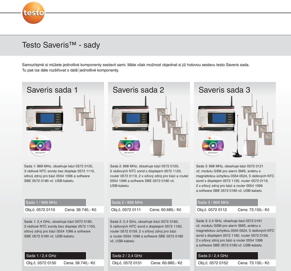 Saveris sada 1 Saveris sada 2 Saveris sada 3 Sada 1: 868 MHz, obsahuje bázi 0572 0120, 3 rádiové NTC sondy bez displeje 0572 1110, síťový zdroj pro bázi 0554 1096 a software SBE 0572 0180 vč.