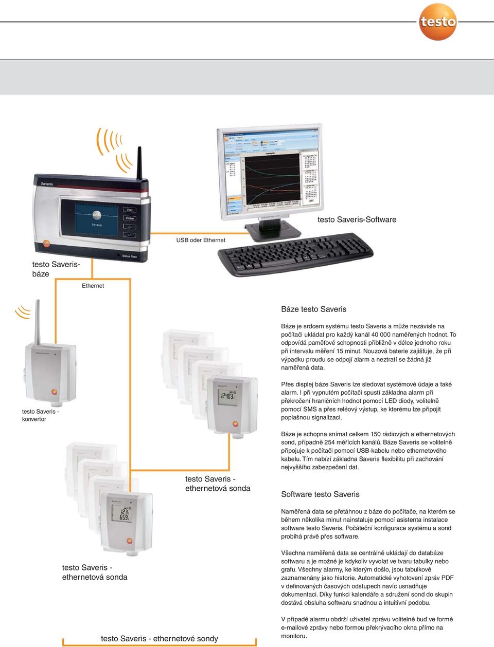 Nouzová baterie zajišťuje, že při výpadku proudu se odpojí alarm a neztratí se žádná již naměřená data. testo Saveris - konvertor Přes displej báze Saveris lze sledovat systémové údaje a také alarm.