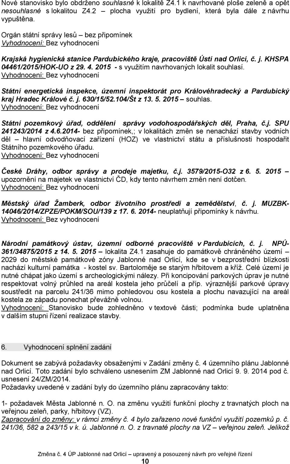 2015 - s využitím navrhovaných lokalit souhlasí. Státní energetická inspekce, územní inspektorát pro Královéhradecký a Pardubický kraj Hradec Králové č. j. 630/15/52.104/Št z 13. 5. 2015 souhlas.