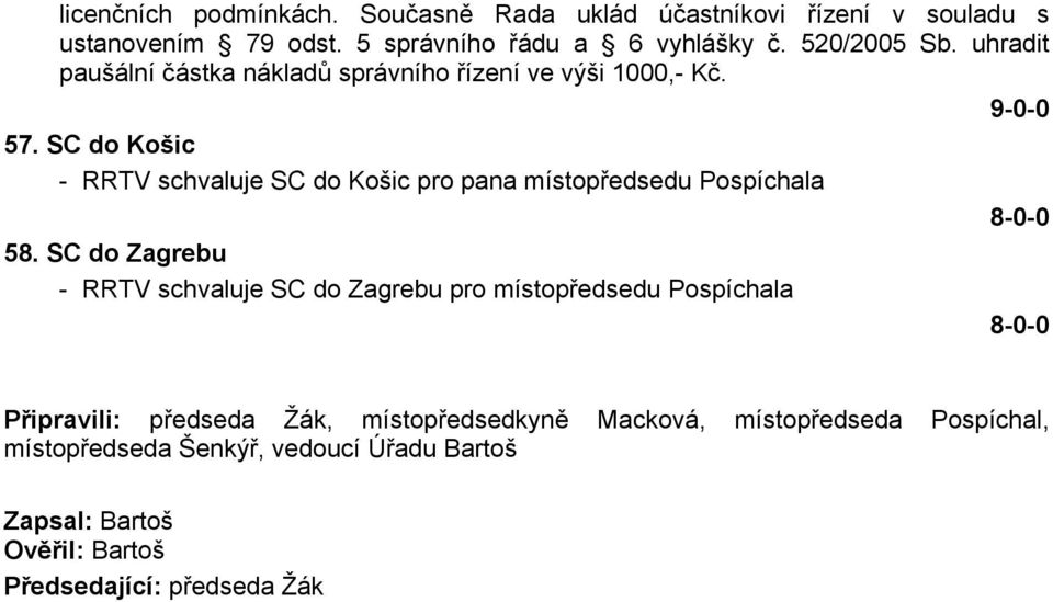 SC do Košic - RRTV schvaluje SC do Košic pro pana místopředsedu Pospíchala 58.