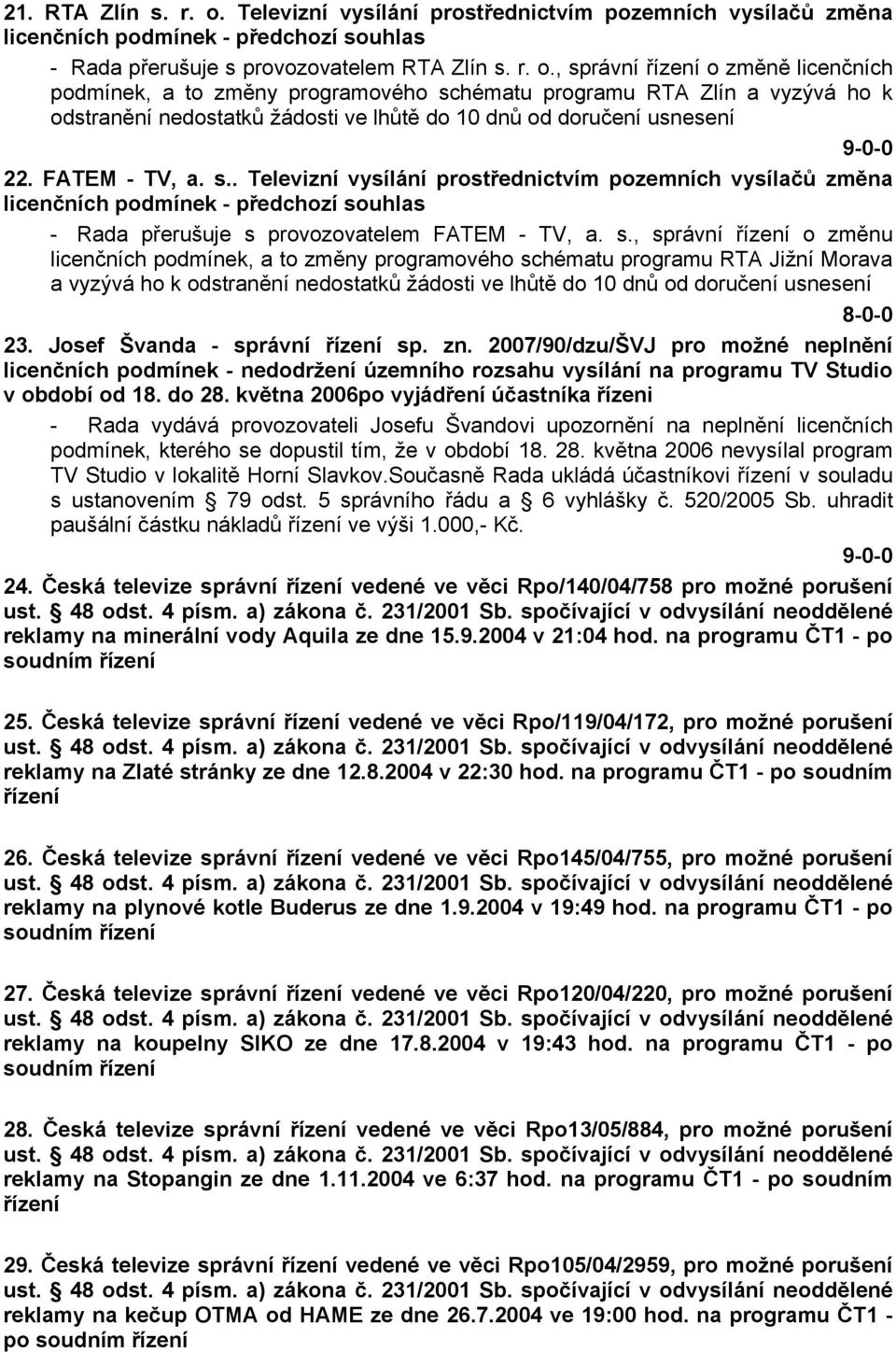 , správní řízení o změně licenčních podmínek, a to změny programového schématu programu RTA Zlín a vyzývá ho k odstranění nedostatků žádosti ve lhůtě do 10 dnů od doručení usnesení 22. FATEM - TV, a.