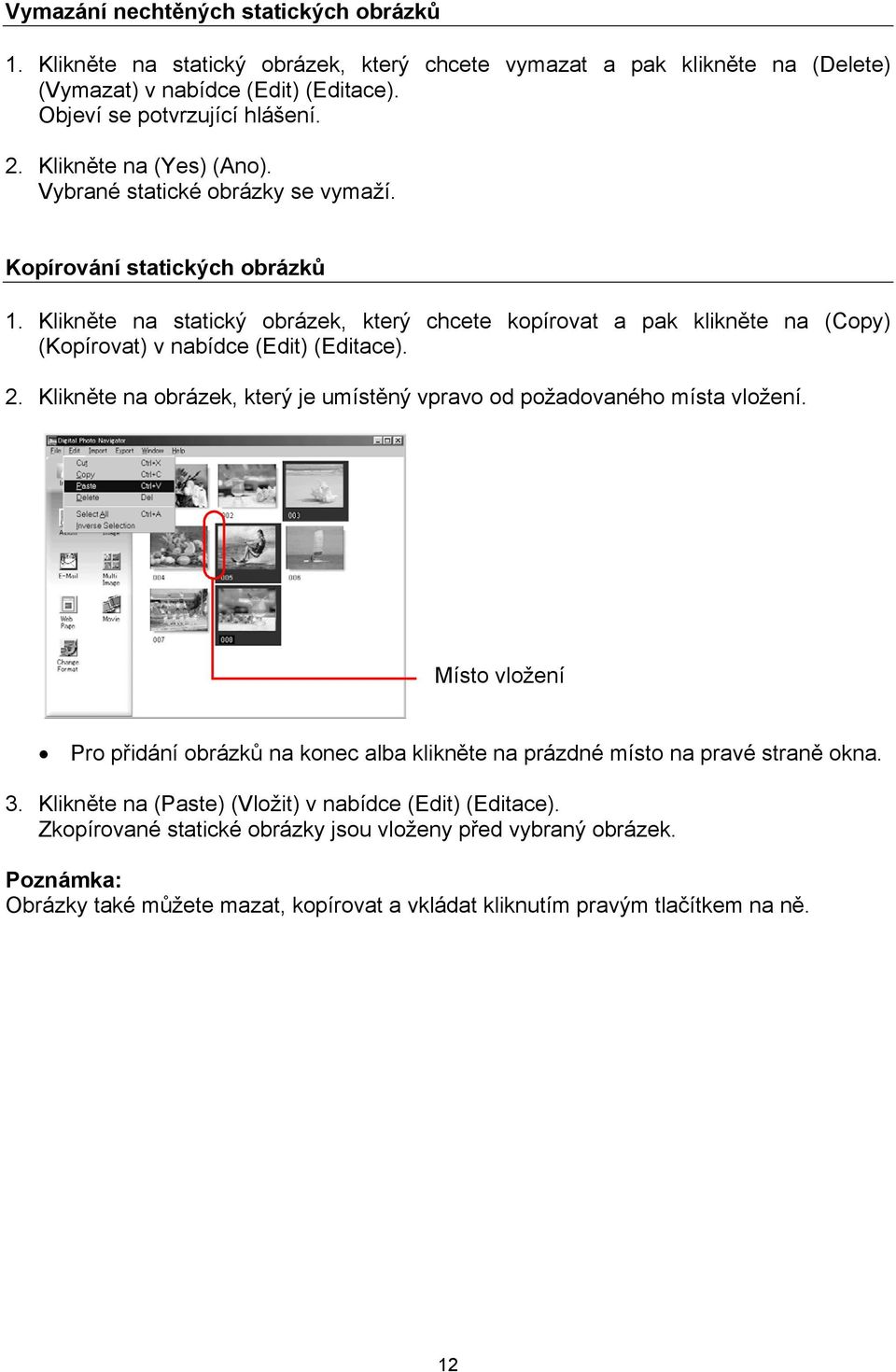 Klikněte na statický obrázek, který chcete kopírovat a pak klikněte na (Copy) (Kopírovat) v nabídce (Edit) (Editace). 2. Klikněte na obrázek, který je umístěný vpravo od požadovaného místa vložení.