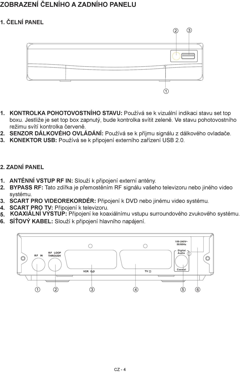 KoneKtor Usb: Používá se k připojení externího zařízení USB 2.0. 2. zadní panel 1. 2. 3. 4. 5. 6. anténní vstup rf in: Slouží k připojení externí antény.