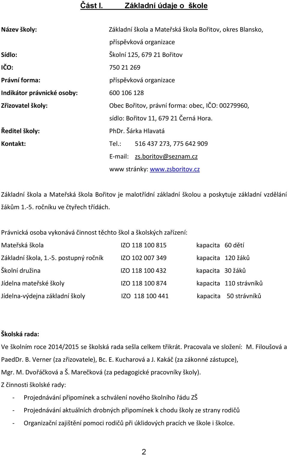 organizace Indikátor právnické osoby: 600 106 128 Zřizovatel školy: Obec Bořitov, právní forma: obec, IČO: 00279960, sídlo: Bořitov 11, 679 21 Černá Hora. Ředitel školy: PhDr.