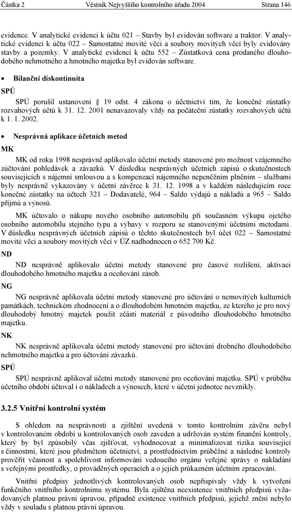 V analytické evidenci k účtu 552 Zůstatková cena prodaného dlouhodobého nehmotného a hmotného majetku byl evidován software. Bilanční diskontinuita SPÚ SPÚ porušil ustanovení 19 odst.