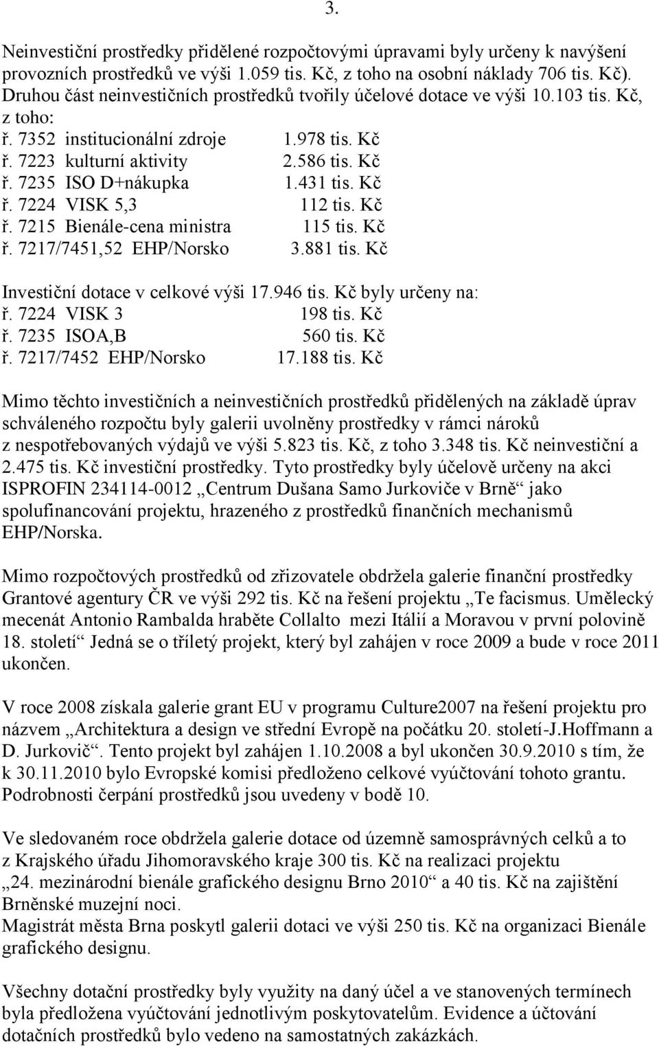 431 tis. Kč ř. 7224 VISK 5,3 112 tis. Kč ř. 7215 Bienále-cena ministra 115 tis. Kč ř. 7217/7451,52 EHP/Norsko 3.881 tis. Kč Investiční dotace v celkové výši 17.946 tis. Kč byly určeny na: ř.