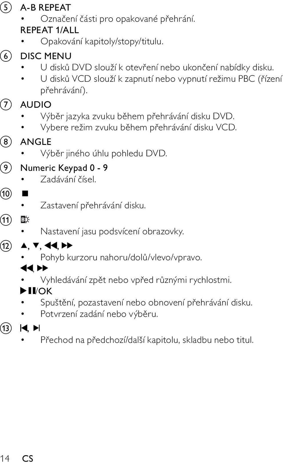 h ANGLE Výběr jiného úhlu pohledu DVD. i Numeric Keypad 0-9 Zadávání čísel. j Zastavení přehrávání disku. k Nastavení jasu podsvícení obrazovky.