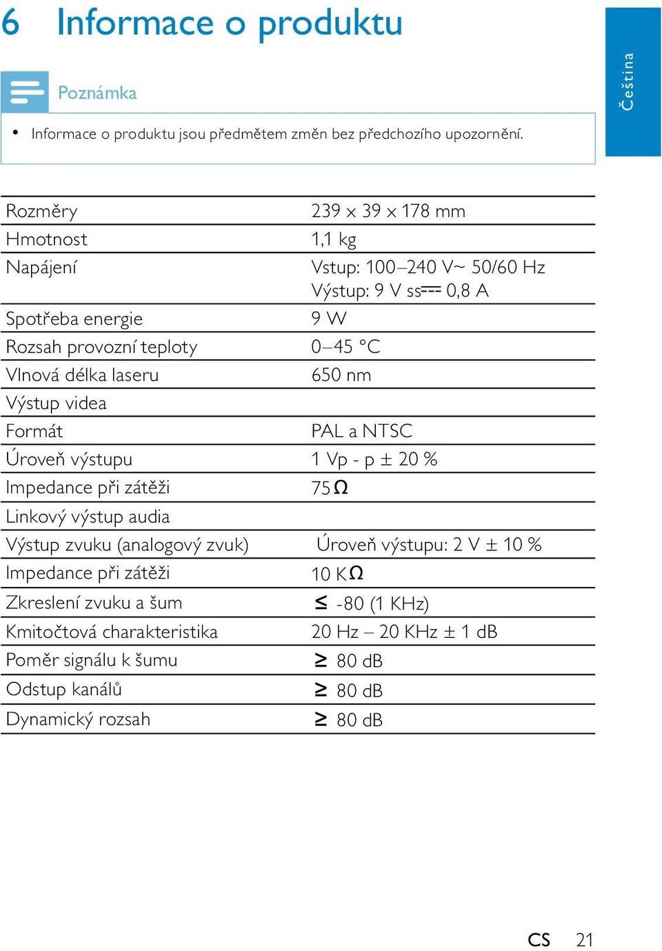 délka laseru 650 nm Výstup videa Formát PAL a NTSC Úroveň výstupu 1 Vp - p ± 20 % Impedance při zátěži 75 Linkový výstup audia Výstup zvuku (analogový zvuk)