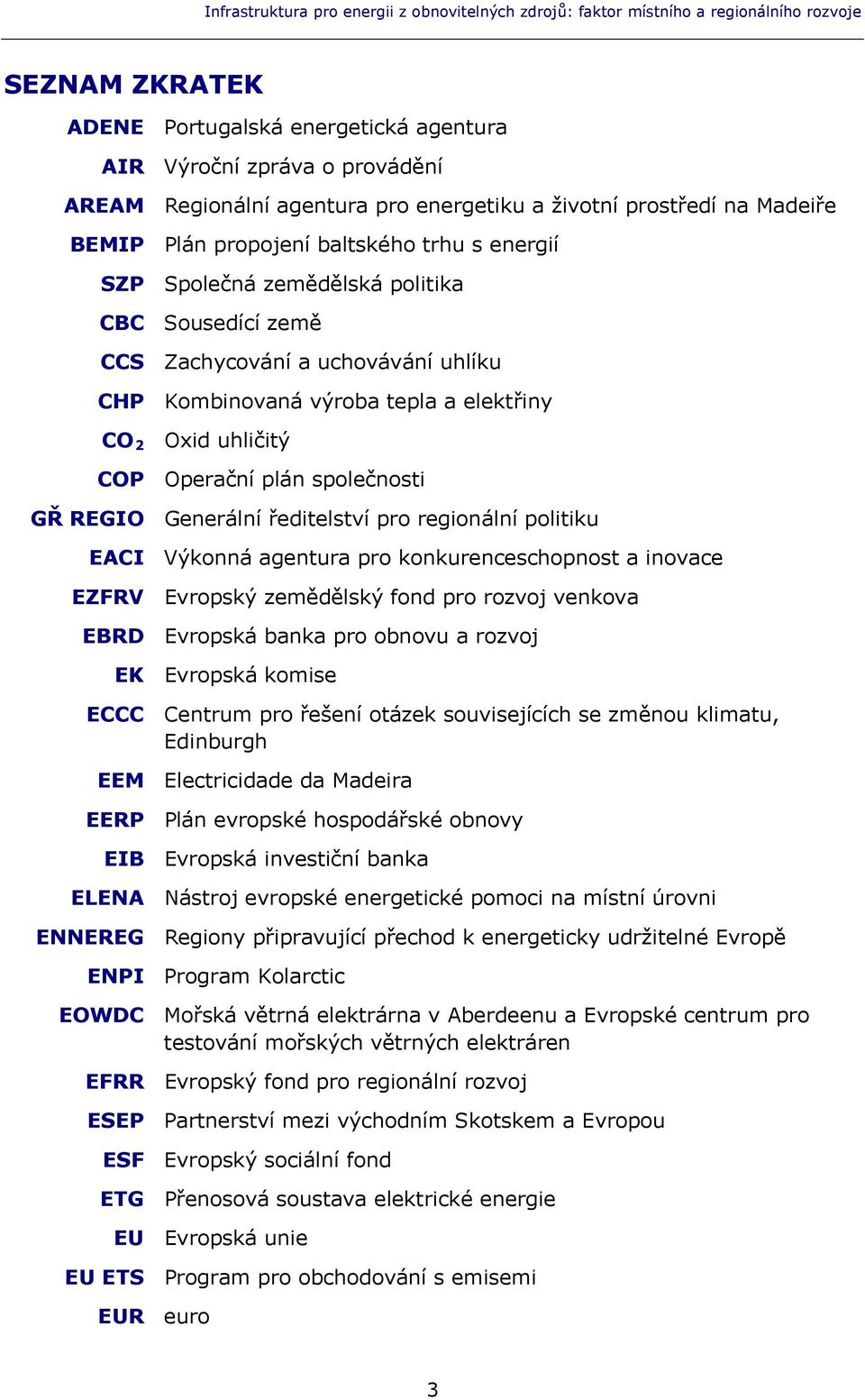 Kombinovaná výroba tepla a elektřiny CO 2 Oxid uhličitý COP Operační plán společnosti GŘ REGIO Generální ředitelství pro regionální politiku EACI Výkonná agentura pro konkurenceschopnost a inovace