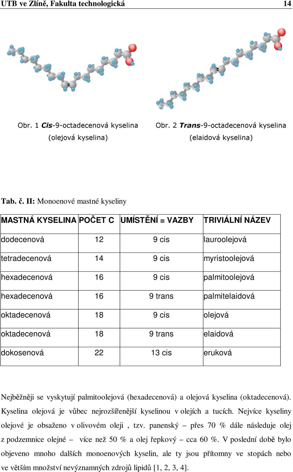 hexadecenová 16 9 trans palmitelaidová oktadecenová 18 9 cis olejová oktadecenová 18 9 trans elaidová dokosenová 22 13 cis eruková Nejbžnji se vyskytují palmitoolejová (hexadecenová) a olejová