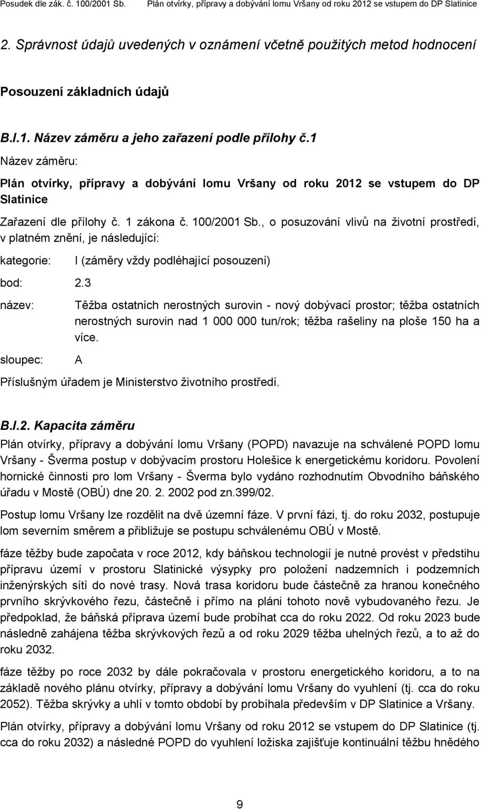 , o posuzování vlivů na životní prostředí, v platném znění, je následující: kategorie: I (záměry vždy podléhající posouzení) bod: 2.