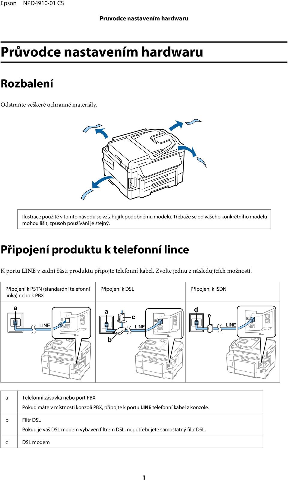 Připojení produktu k telefonní lince K portu LINE v zadní části produktu připojte telefonní kabel. Zvolte jednu z následujících možností.