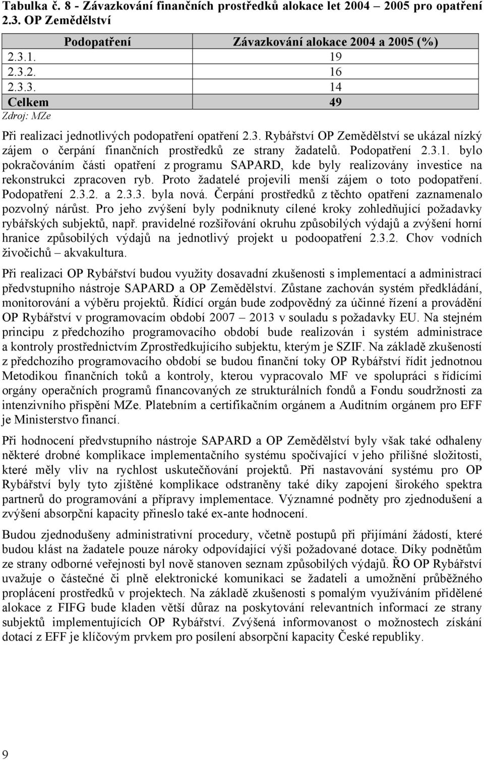 bylo pokračováním části opatření z programu SAPARD, kde byly realizovány investice na rekonstrukci zpracoven ryb. Proto žadatelé projevili menší zájem o toto podopatření. Podopatření 2.3.2. a 2.3.3. byla nová.