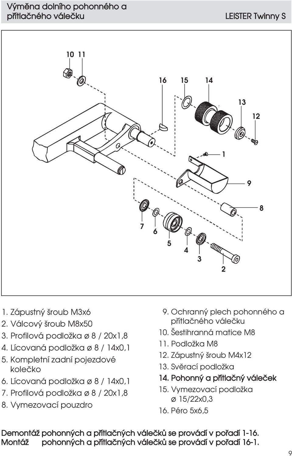 Ochrann plech pohonného a pœítlaªného váleªku 10. estihranná matice M8 11. Podlo ka M8 12. Zápustn ƒroub M4x12 13. Sv rací podlo ka 14. Pohonn a pœítlaªn váleªek 15.