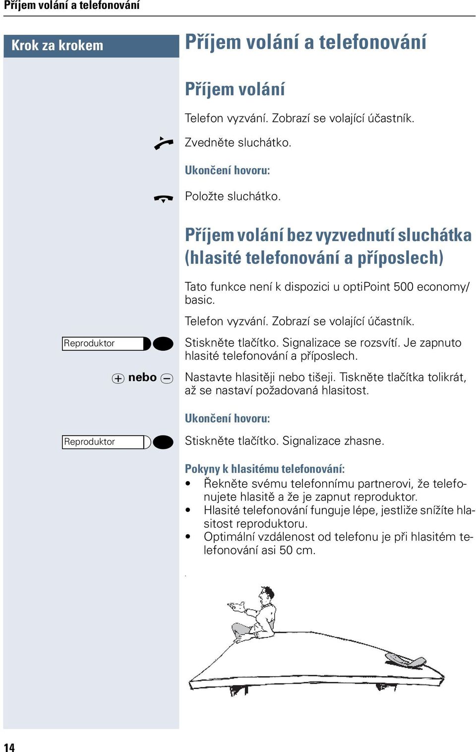 Je zapnuto hlasité telefonování a příposlech. Nastavte hlasitěji tišeji. Tiskněte tlačítka tolikrát, až se nastaví požadovaná hlasitost. Ukončení hovoru: Reproduktor Stiskněte tlačítko.