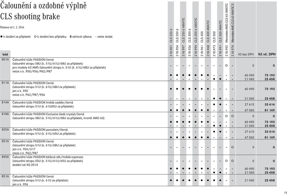 61U/68U za příplatek) jen s k. 950 nelze s k. P62/P87/956 Čalounění kůže PASSION hnědá saddle/černá čalounění stropu 51U (k.