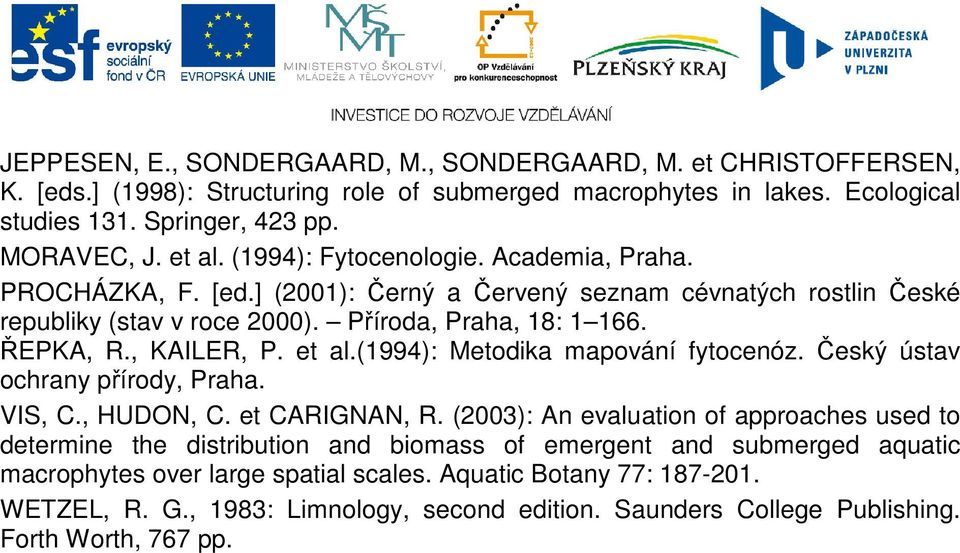 et al.(1994): Metodika mapování fytocenóz. Český ústav ochrany přírody, Praha. VIS, C., HUDON, C. et CARIGNAN, R.