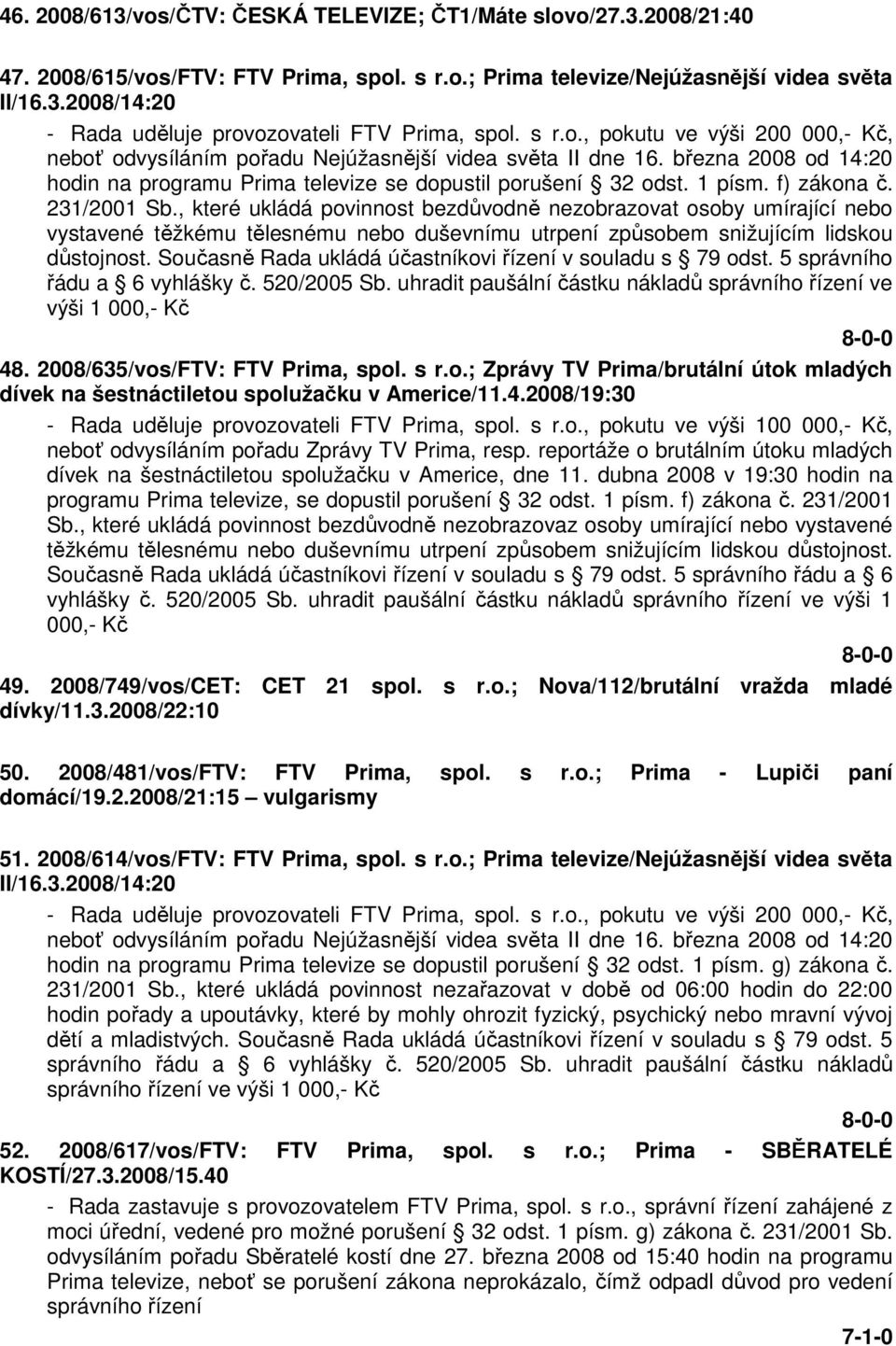 f) zákona č. 231/2001 Sb., které ukládá povinnost bezdůvodně nezobrazovat osoby umírající nebo vystavené těžkému tělesnému nebo duševnímu utrpení způsobem snižujícím lidskou důstojnost.