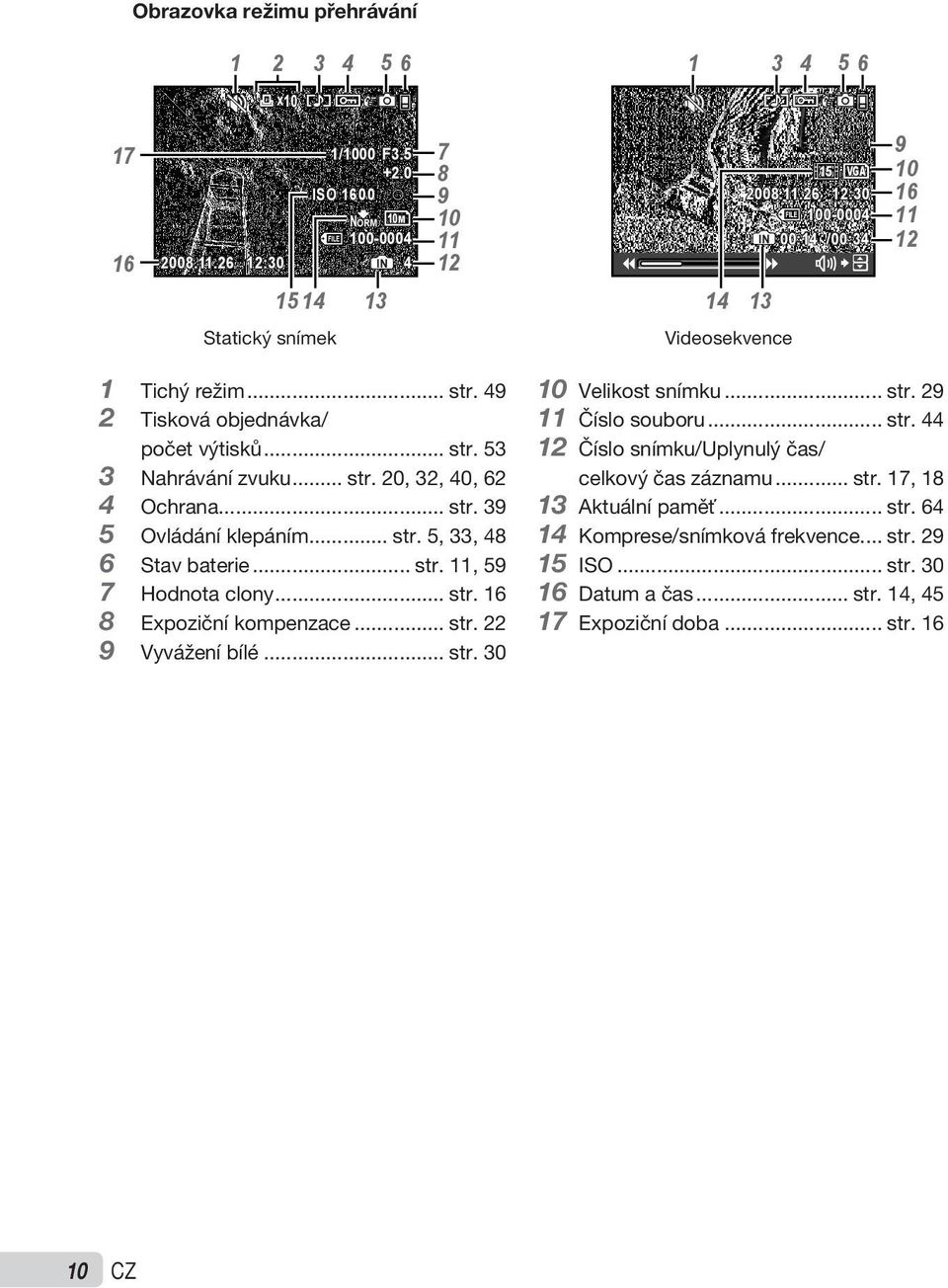.. str. 53 3 Nahrávání zvuku... str. 20, 32, 40, 62 4 Ochrana... str. 39 5 Ovládání klepáním... str. 5, 33, 48 6 Stav baterie... str. 11, 59 7 Hodnota clony... str. 16 8 Expoziční kompenzace... str. 22 9 Vyvážení bílé.