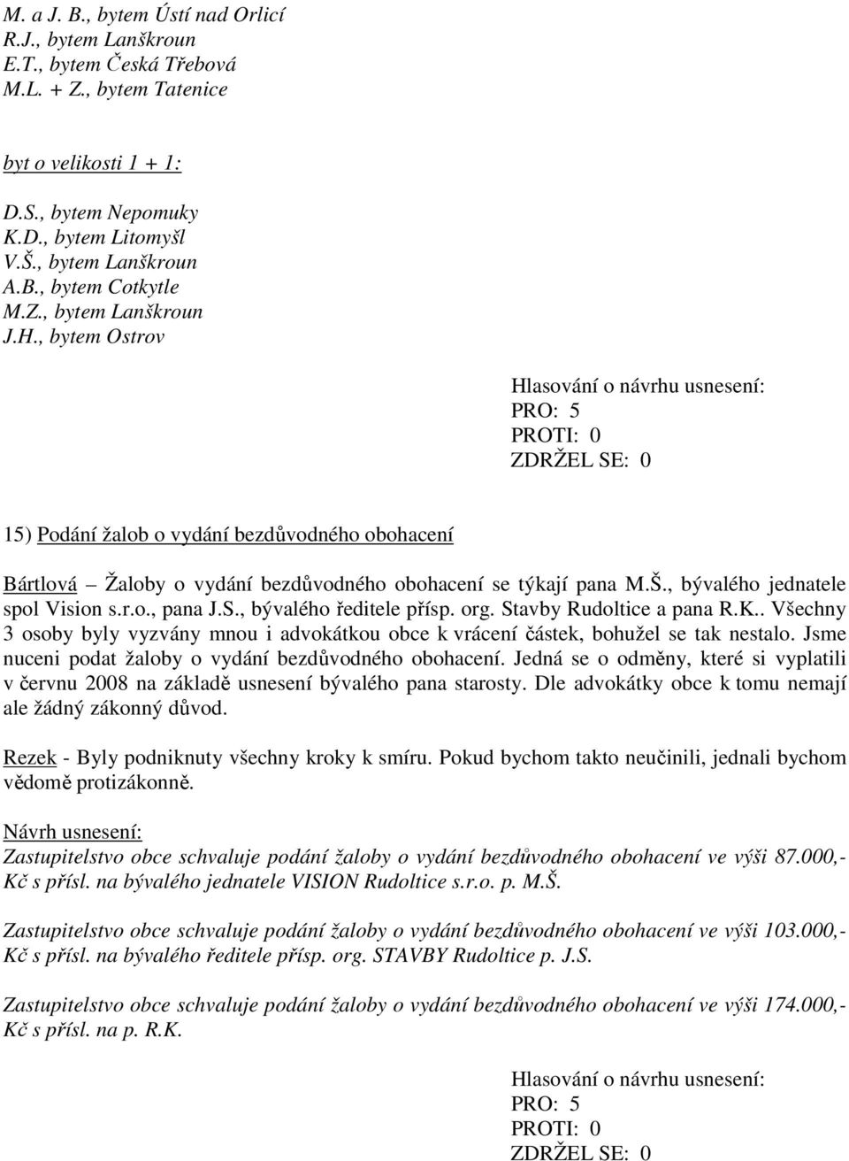 S., bývalého ředitele přísp. org. Stavby Rudoltice a pana R.K.. Všechny 3 osoby byly vyzvány mnou i advokátkou obce k vrácení částek, bohužel se tak nestalo.