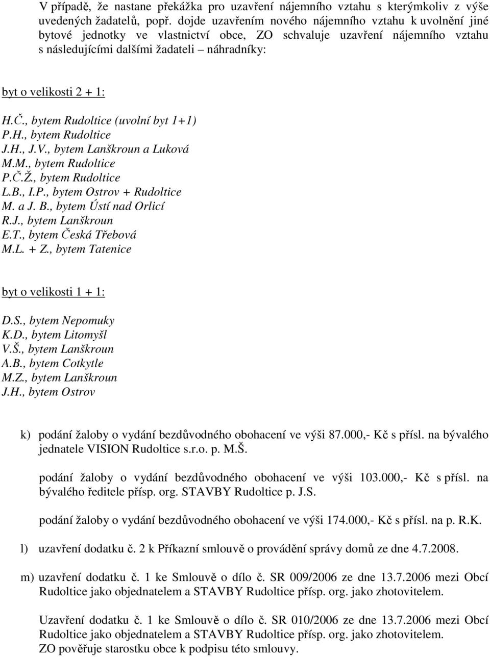 H.Č., bytem Rudoltice (uvolní byt 1+1) P.H., bytem Rudoltice J.H., J.V., bytem Lanškroun a Luková M.M., bytem Rudoltice P.Č.Ž., bytem Rudoltice L.B., I.P., bytem Ostrov + Rudoltice M. a J. B.