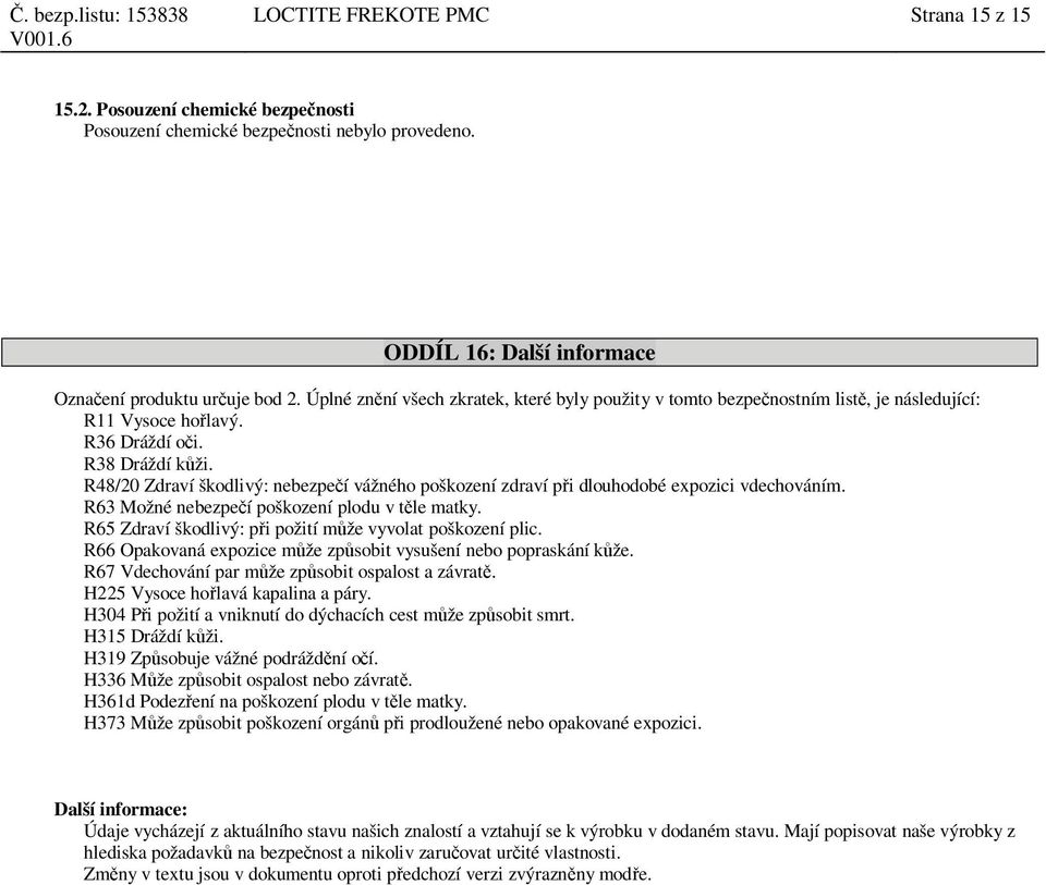 R48/20 Zdraví škodlivý: nebezpe í vážného poškození zdraví p i dlouhodobé expozici vdechováním. R63 Možné nebezpe í poškození plodu v t le matky.