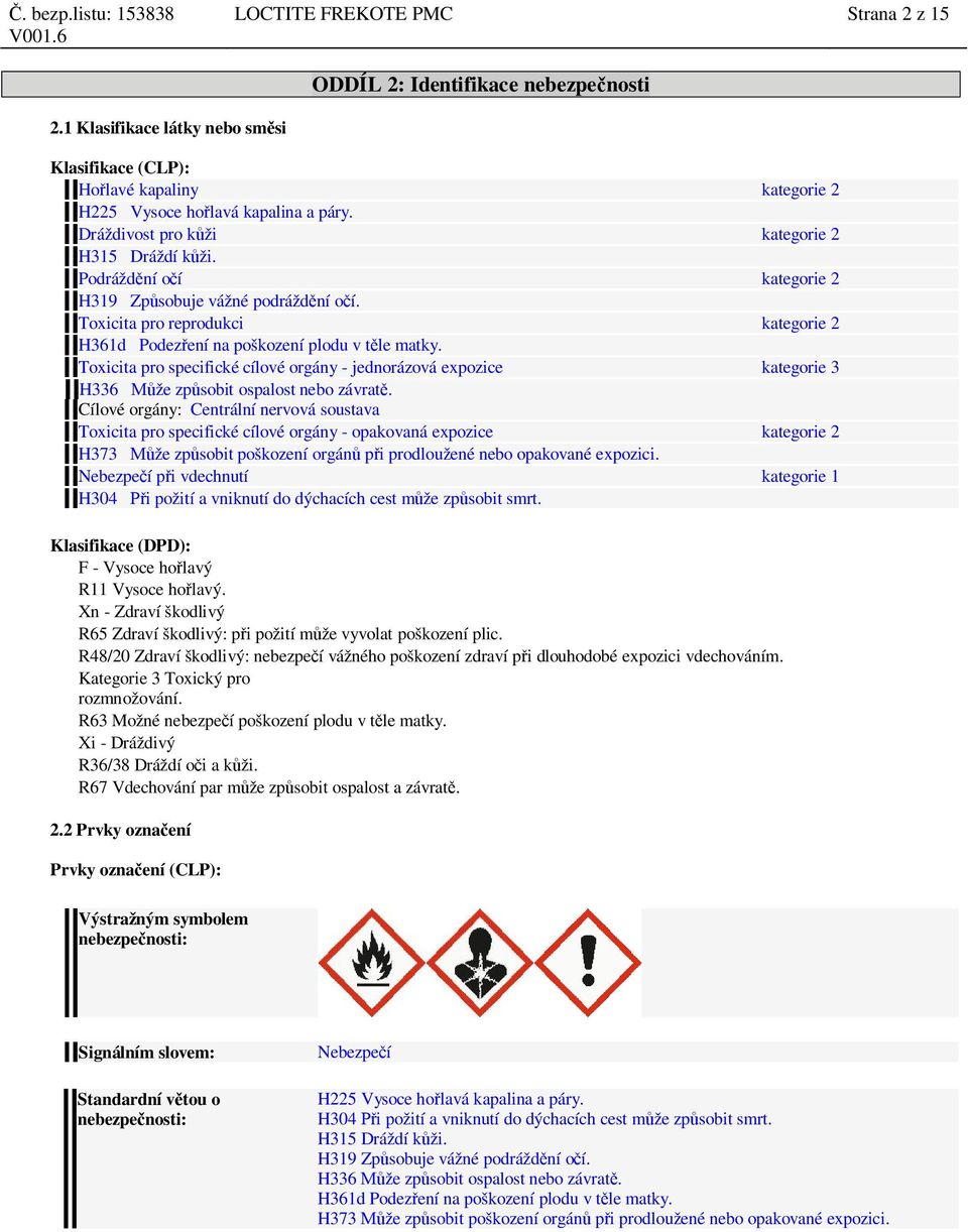 Toxicita pro specifické cílové orgány - jednorázová expozice kategorie 3 H336 že zp sobit ospalost nebo závrat.