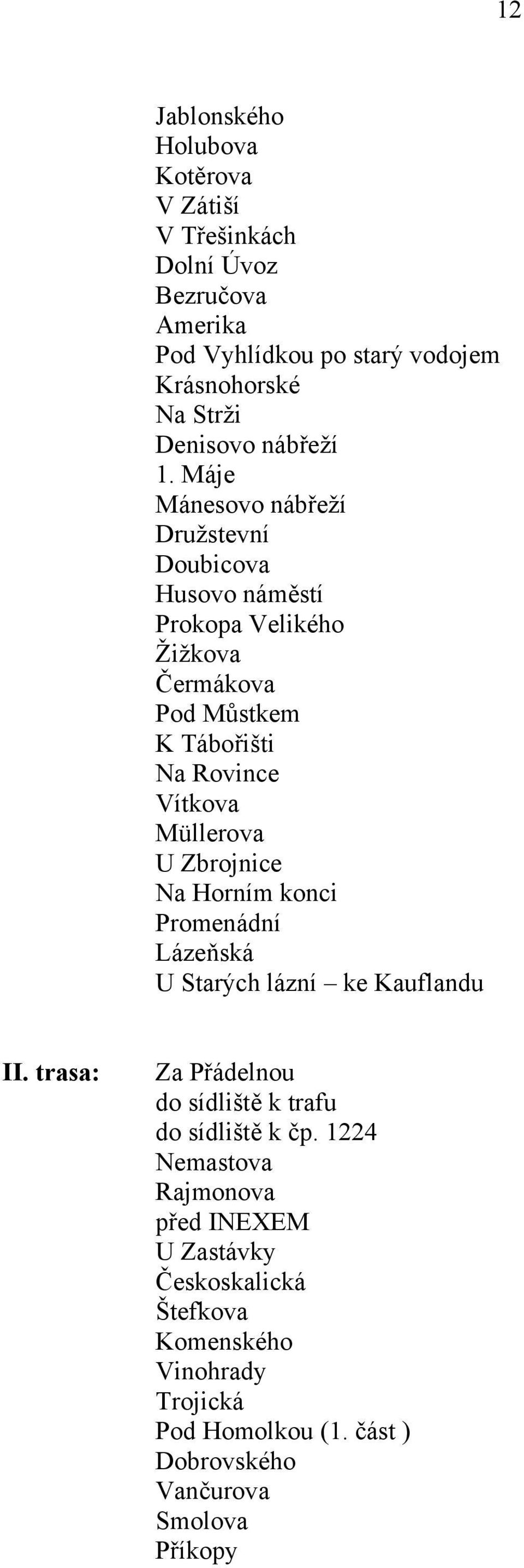 Máje Mánesovo nábřeží Družstevní Doubicova Husovo náměstí Prokopa Velikého Žižkova Čermákova Pod Můstkem K Tábořišti Na Rovince Vítkova Müllerova U