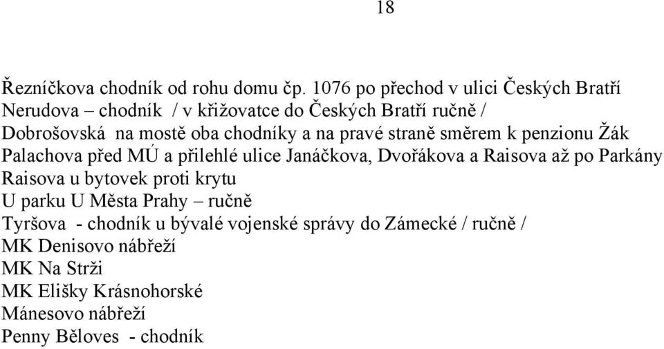 chodníky a na pravé straně směrem k penzionu Žák Palachova před MÚ a přilehlé ulice Janáčkova, Dvořákova a Raisova až po