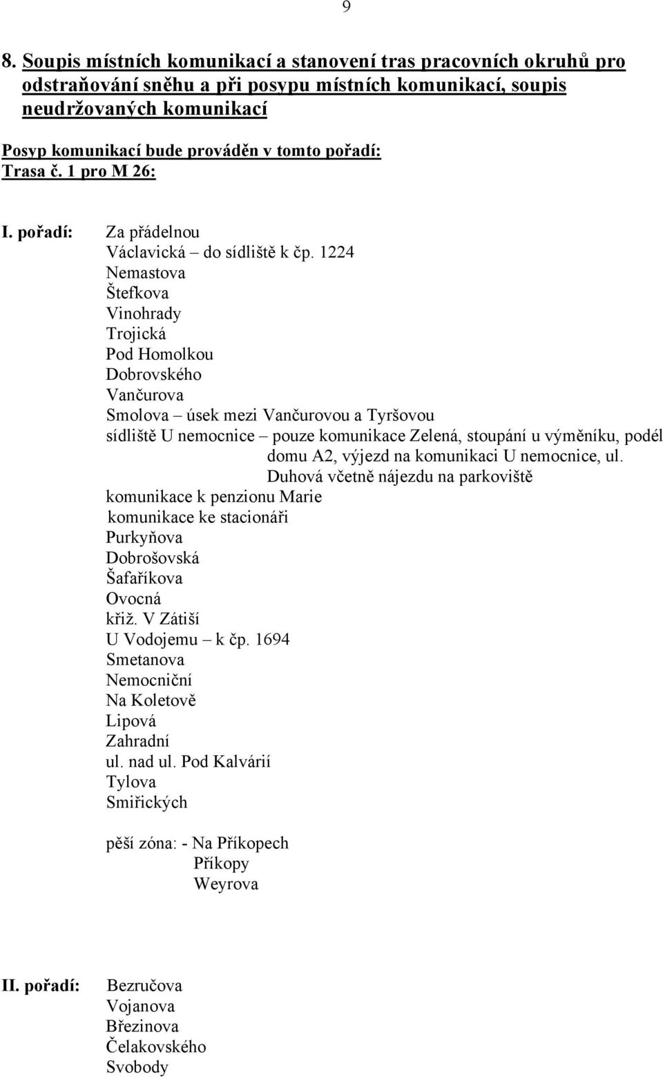 1224 Nemastova Štefkova Vinohrady Trojická Pod Homolkou Dobrovského Vančurova Smolova úsek mezi Vančurovou a Tyršovou sídliště U nemocnice pouze komunikace Zelená, stoupání u výměníku, podél domu A2,