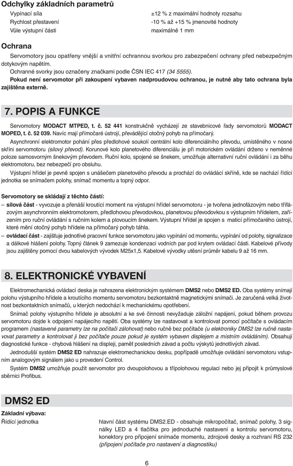 Pokud není servomotor při zakoupení vybaven nadproudovou ochranou, je nutné aby tato ochrana byla zajištěna externě. 7. POPIS A FUNKCE Servomotory MODACT MTPED, t. č.