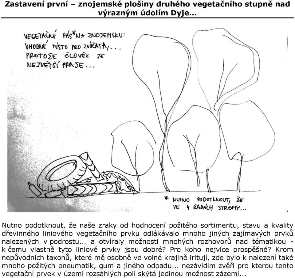 prvků nalezených v podrostu... a otvíraly možnosti mnohých rozhovorů nad tématikou - k čemu vlastně tyto liniové prvky jsou dobré? Pro koho nejvíce prospěšné?