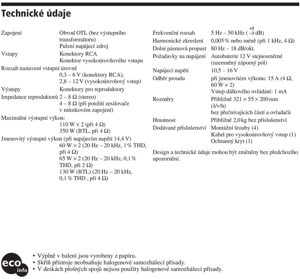 Ω) 350 W (BTL, při 4 Ω) Jmenovitý výstupní výkon (při napájecím napětí 14,4 V) 60 W 2 (20 Hz 20 khz, 1 % THD, při 4 Ω) 65 W 2 (20 Hz 20 khz, 0,1 % THD, při 2 Ω) 130 W (BTL) (20 Hz 20 khz, 0,1 % THD,