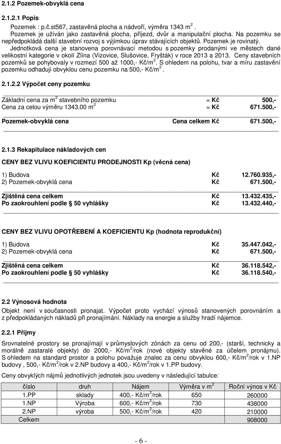 Jednotková cena je stanovena porovnávací metodou s pozemky prodanými ve městech dané velikostní kategorie v okolí Zlína (Vizovice, Slušovice, Fryšták) v roce 2013 a 2013.