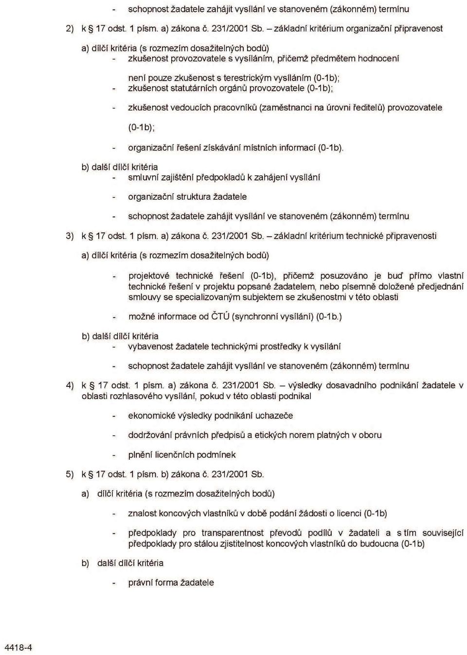 vysíláním (0-1 b); zkušenost statutárních orgánů provozovatele (0-1 b); zkušenost vedoucích pracovníků (zaměstnanci na úrovni ředitelů) provozovatele (0-1 b); b) další dílčí kritéria organizační