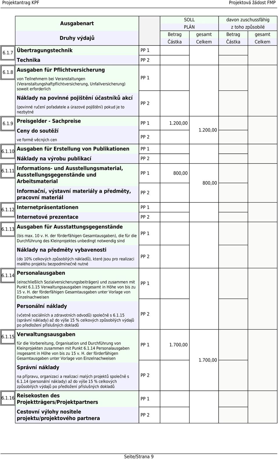 8 Ausgaben für Pflichtversicherung von Teilnehmern bei Veranstaltungen (Veranstaltungshaftpflichtversicherung, Unfallversicherung) soweit erforderlich Náklady na povinné pojištění účastníků akcí