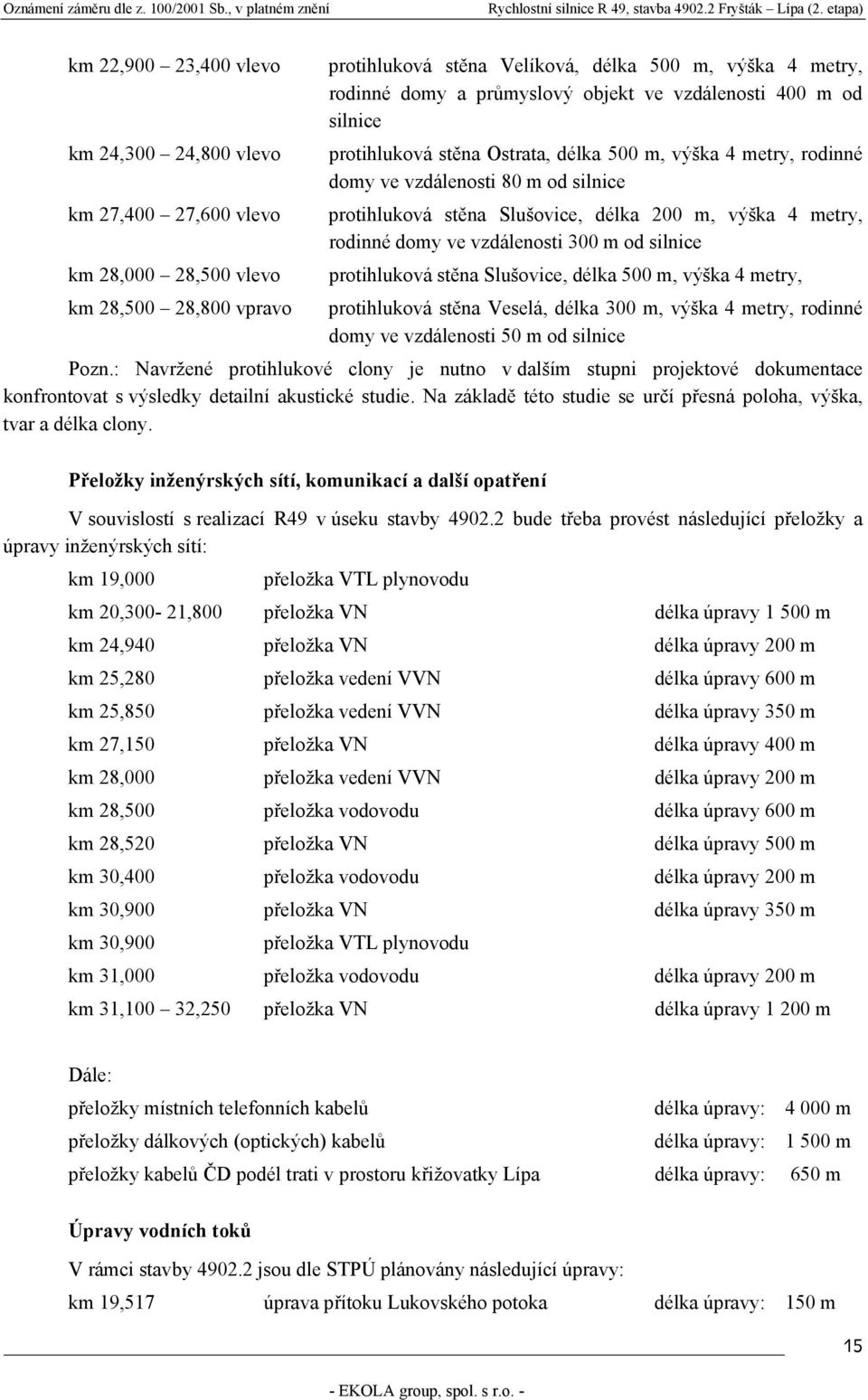 km 28,000 28,500 vlevo protihluková stěna Slušovice, délka 500 m, výška 4 metry, km 28,500 28,800 vpravo protihluková stěna Veselá, délka 300 m, výška 4 metry, rodinné domy ve vzdálenosti 50 m od