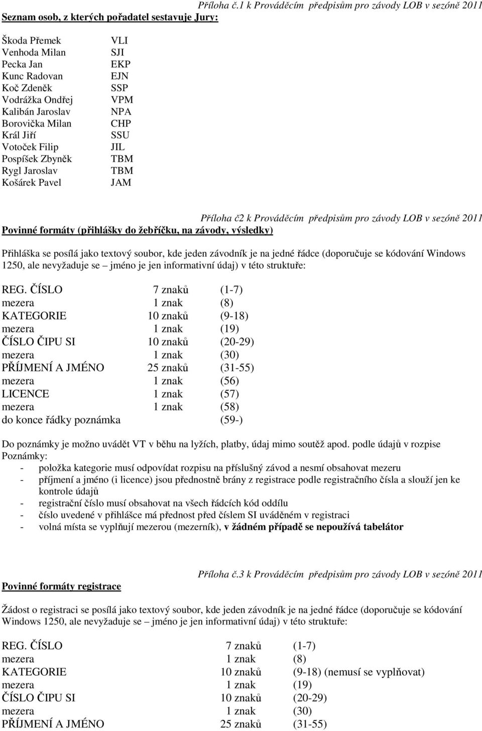 Borovička Milan Král Jiří Votoček Filip Pospíšek Zbyněk Rygl Jaroslav Košárek Pavel VLI SJI EKP EJN SSP VPM NPA CHP SSU JIL TBM TBM JAM Příloha č2 k Prováděcím předpisům pro závody LOB v sezóně 2011