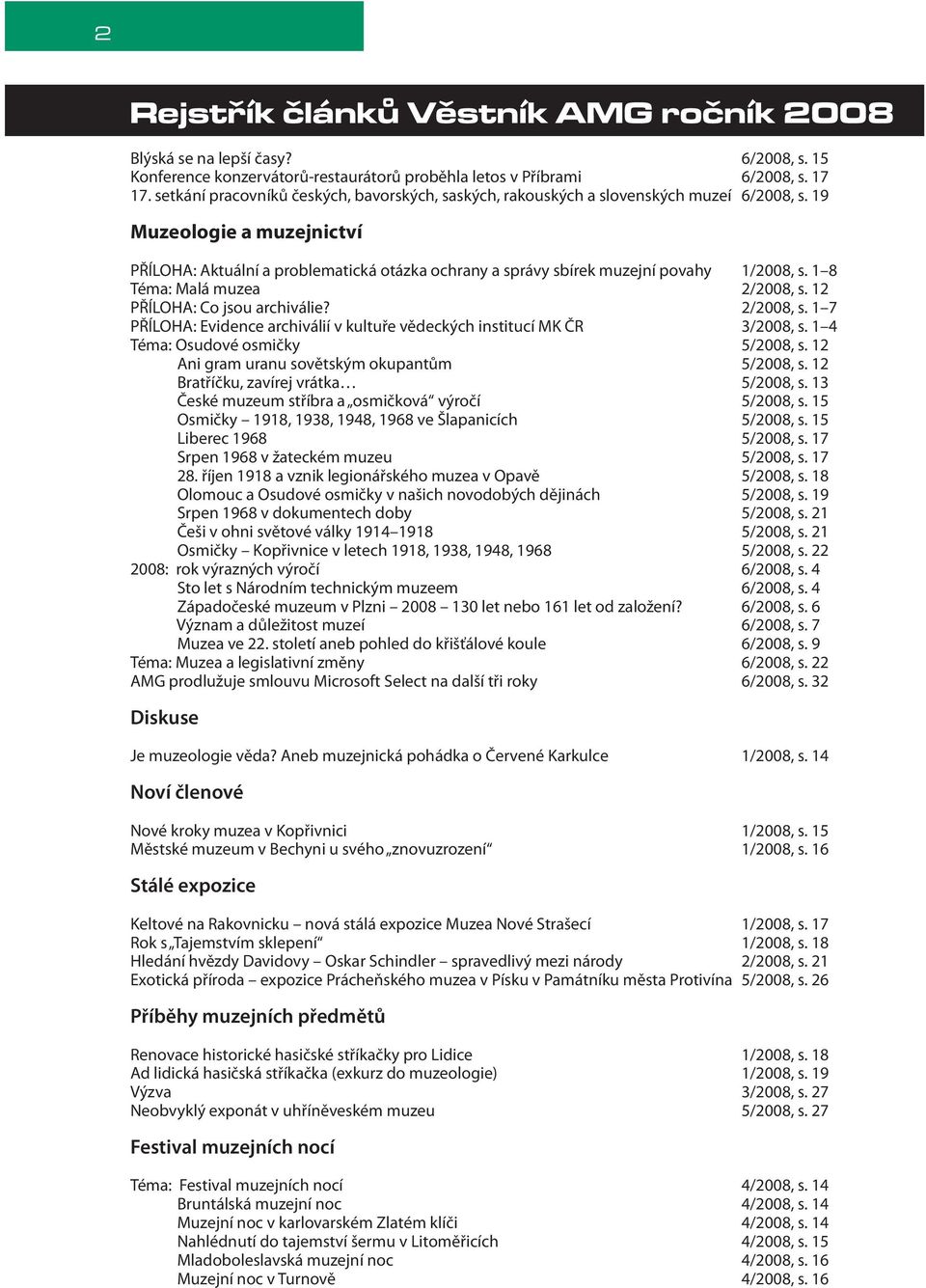 19 Muzeologie a muzejnictví PŘÍLOHA: Aktuální a problematická otázka ochrany a správy sbírek muzejní povahy 1/2008, s. 1 8 Téma: Malá muzea 2/2008, s.