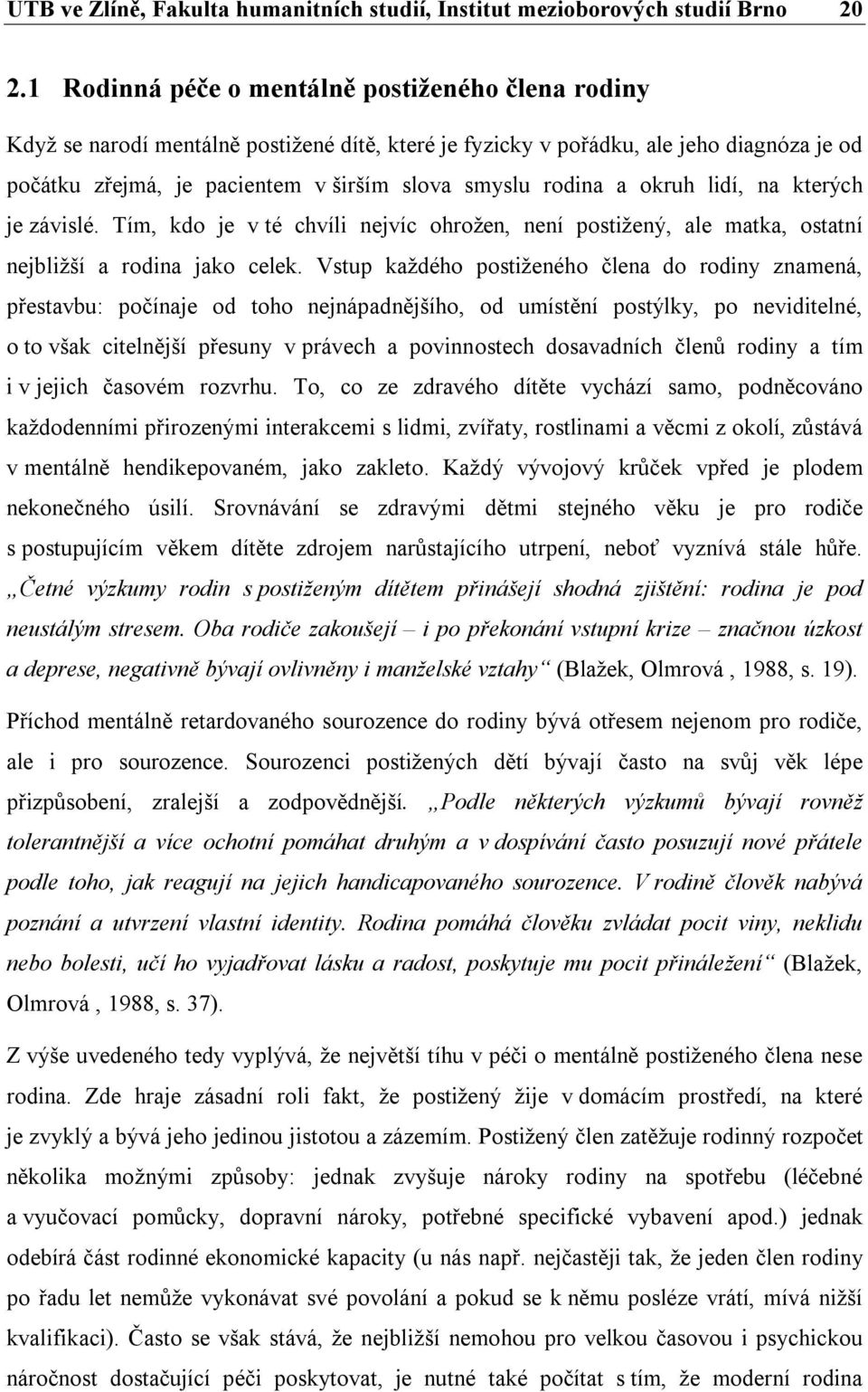 rodina a okruh lidí, na kterých je závislé. Tím, kdo je v té chvíli nejvíc ohrožen, není postižený, ale matka, ostatní nejbližší a rodina jako celek.