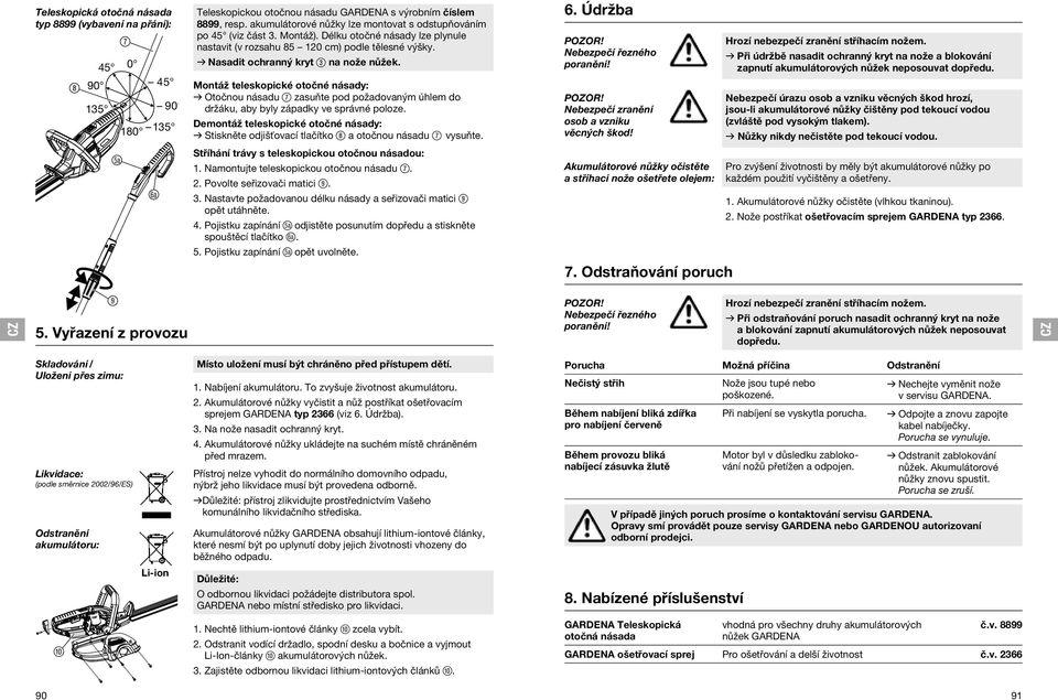 v Nasadit ochranný kryt 3 na nože nůžek. Montáž teleskopické otočné násady: v Otočnou násadu 7 zasuňte pod požadovaným úhlem do držáku, aby byly západky ve správné poloze.