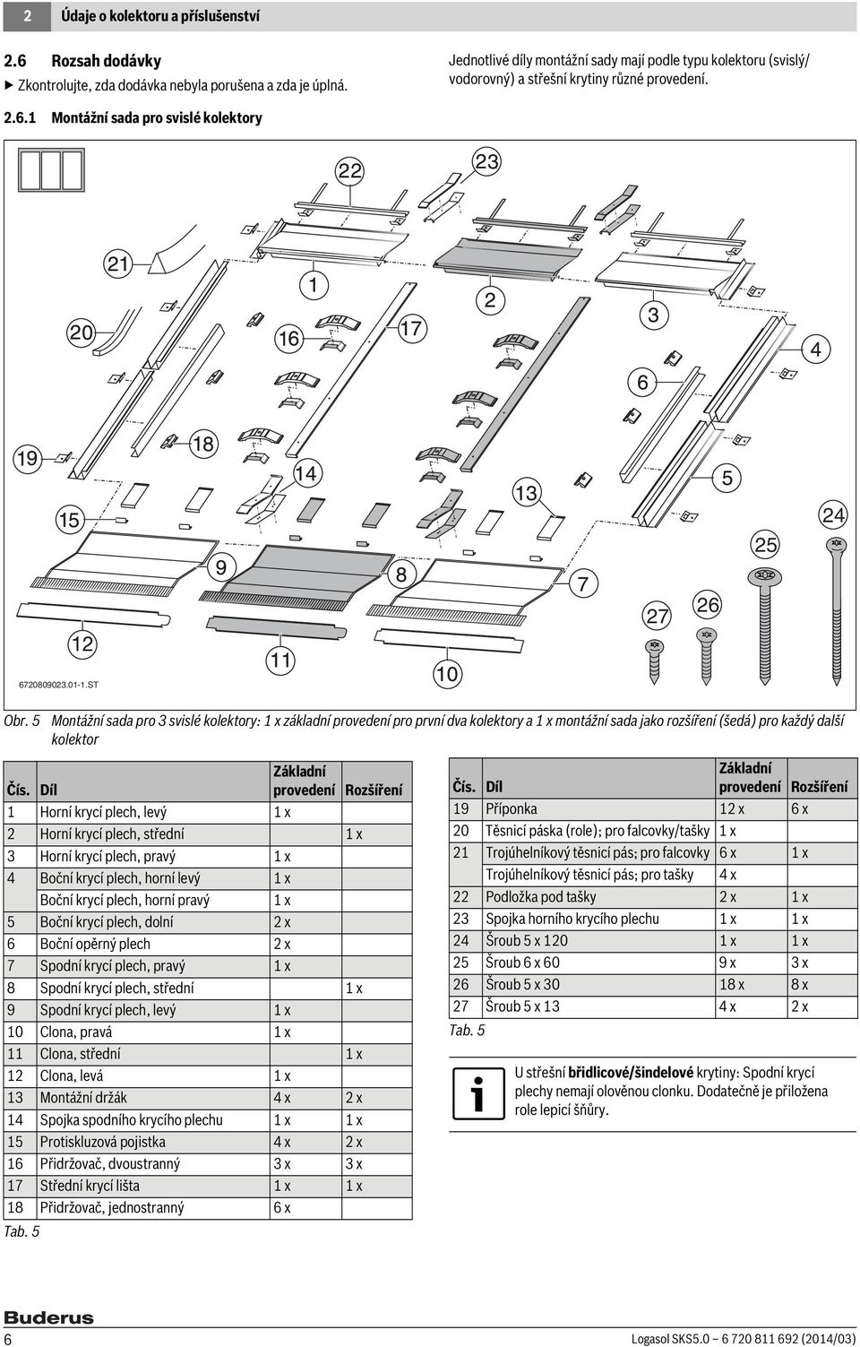 5 Montážní sada pro 3 svislé kolektory: x základní provedení pro první dva kolektory a x montážní sada jako rozšíření (šedá) pro každý další kolektor Čís.