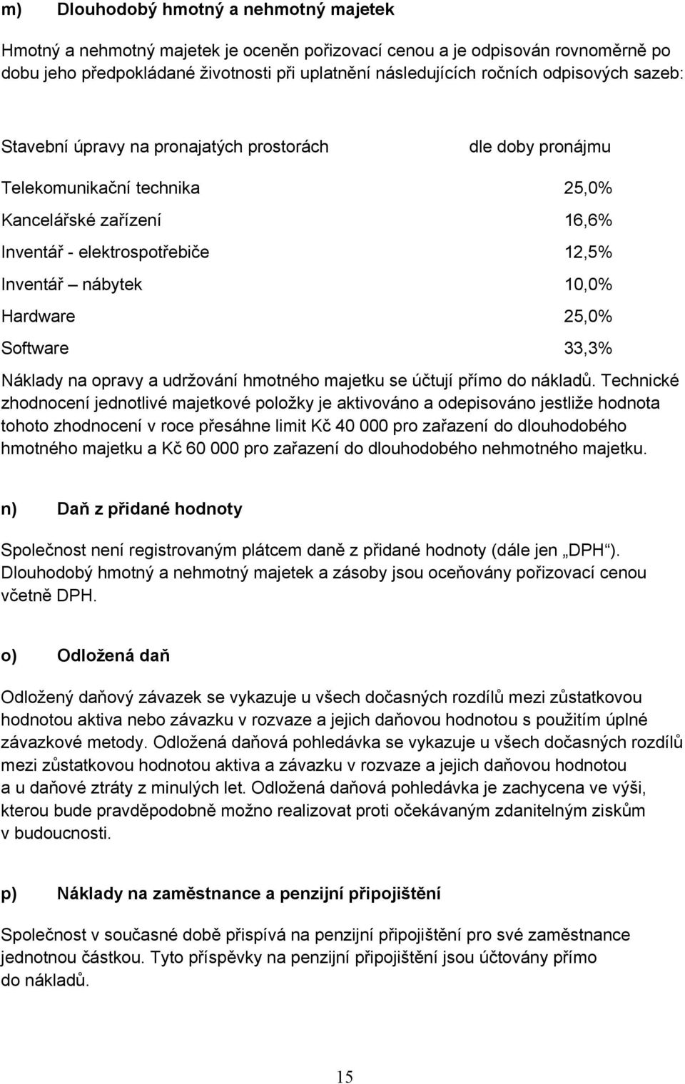 Hardware 25,0% Software 33,3% Náklady na opravy a udržování hmotného majetku se účtují přímo do nákladů.