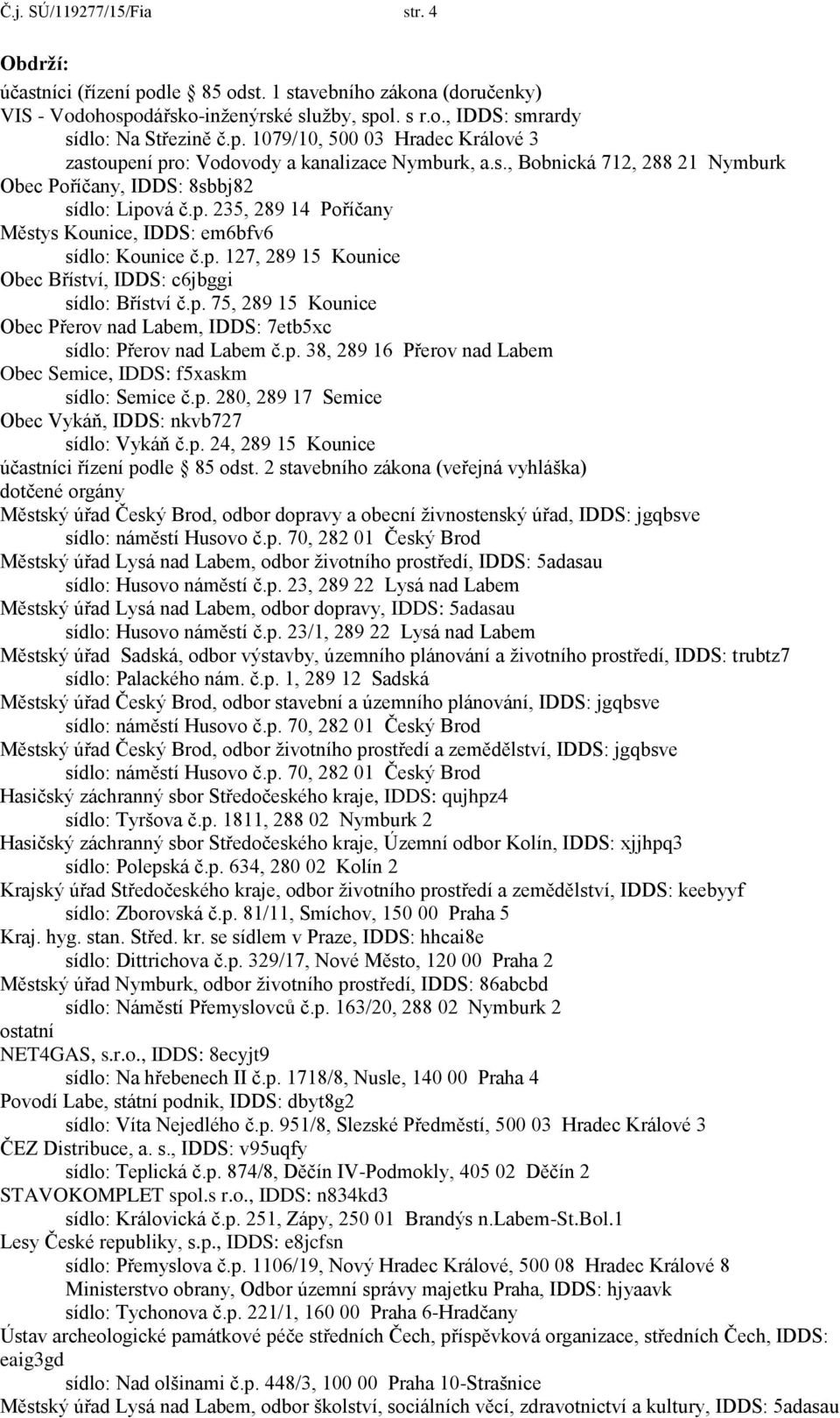 p. 75, 289 15 Kounice Obec Přerov nad Labem, IDDS: 7etb5xc sídlo: Přerov nad Labem č.p. 38, 289 16 Přerov nad Labem Obec Semice, IDDS: f5xaskm sídlo: Semice č.p. 280, 289 17 Semice Obec Vykáň, IDDS: nkvb727 sídlo: Vykáň č.