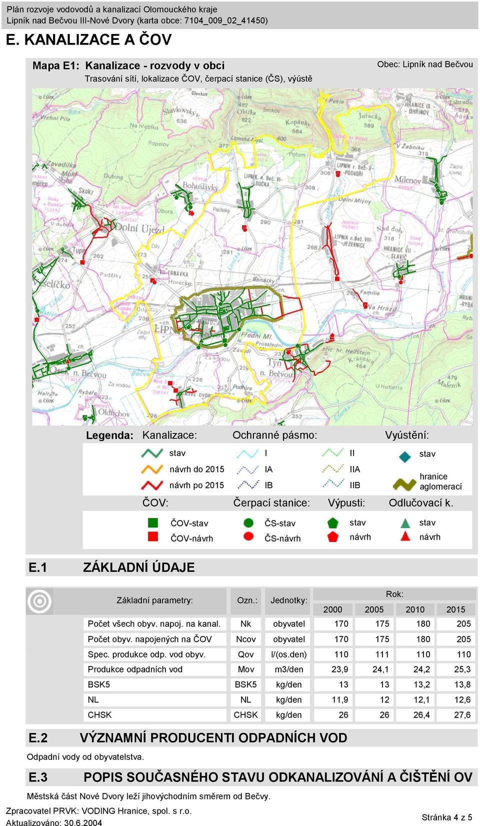 Základní parametry: Ozn.: Jednotky: 2000 2005 2010 2015 Počet všech obyv. napoj. na kanal. Nk obyvatel 170 175 180 205 Počet obyv. napojených na ČOV Ncov obyvatel 170 175 180 205 Spec. produkce odp.