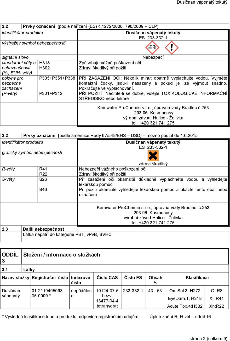 zacházení (P-věty) H318 H302 P305+P351+P338 P301+P312 Způsobuje vážné poškození očí Nebezpečí PŘI ZASAŽENÍ OČÍ: Několik minut opatrně vyplachujte vodou.