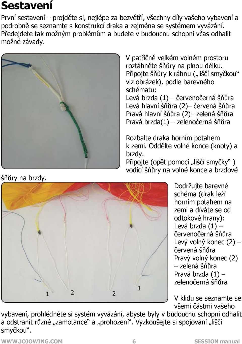 Připojte šňůry k ráhnu ( liščí smyčkou viz obrázek), podle barevného schématu: Levá brzda (1) červenočerná šňůra Levá hlavní šňůra (2) červená šňůra Pravá hlavní šňůra (2) zelená šňůra Pravá brzda(1)