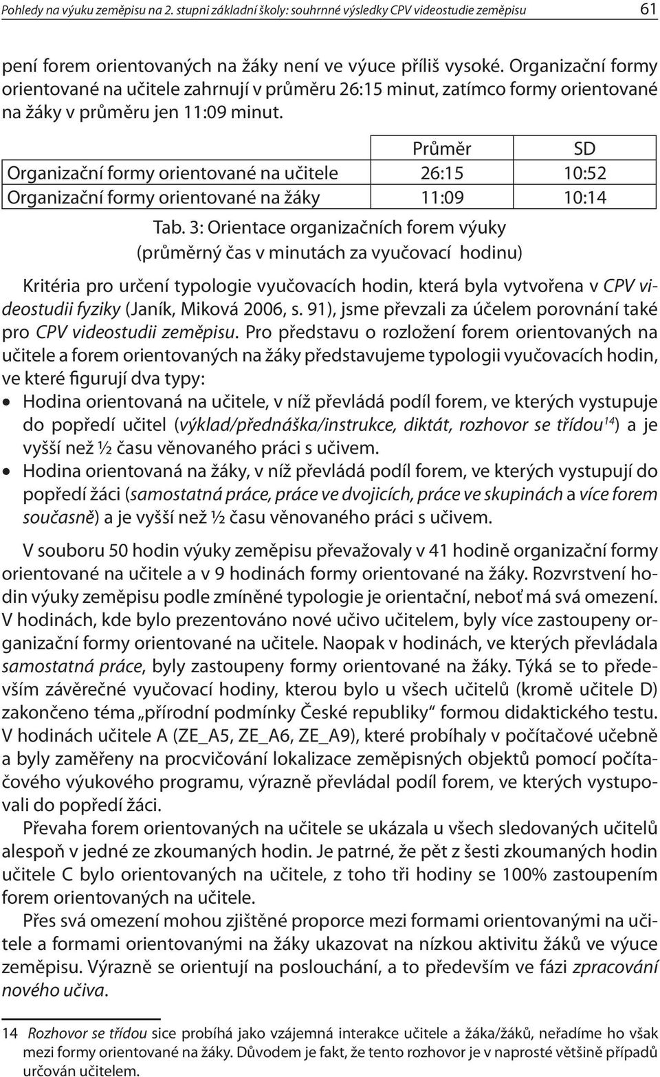 Průměr SD Organizační formy orientované na učitele 26:15 10:52 Organizační formy orientované na žáky 11:09 10:14 Tab.