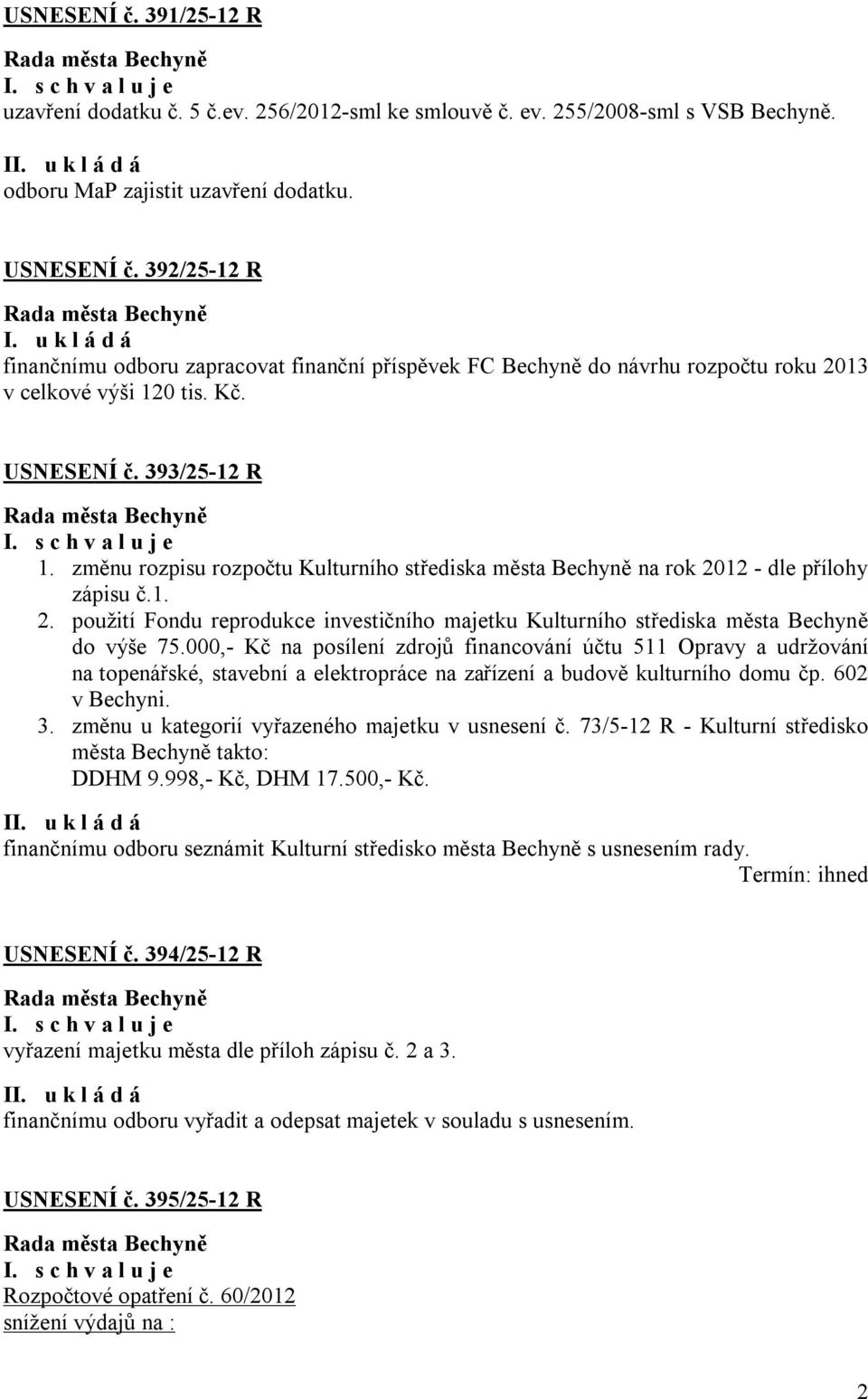 změnu rozpisu rozpočtu Kulturního střediska města Bechyně na rok 2012 - dle přílohy zápisu č.1. 2. použití Fondu reprodukce investičního majetku Kulturního střediska města Bechyně do výše 75.