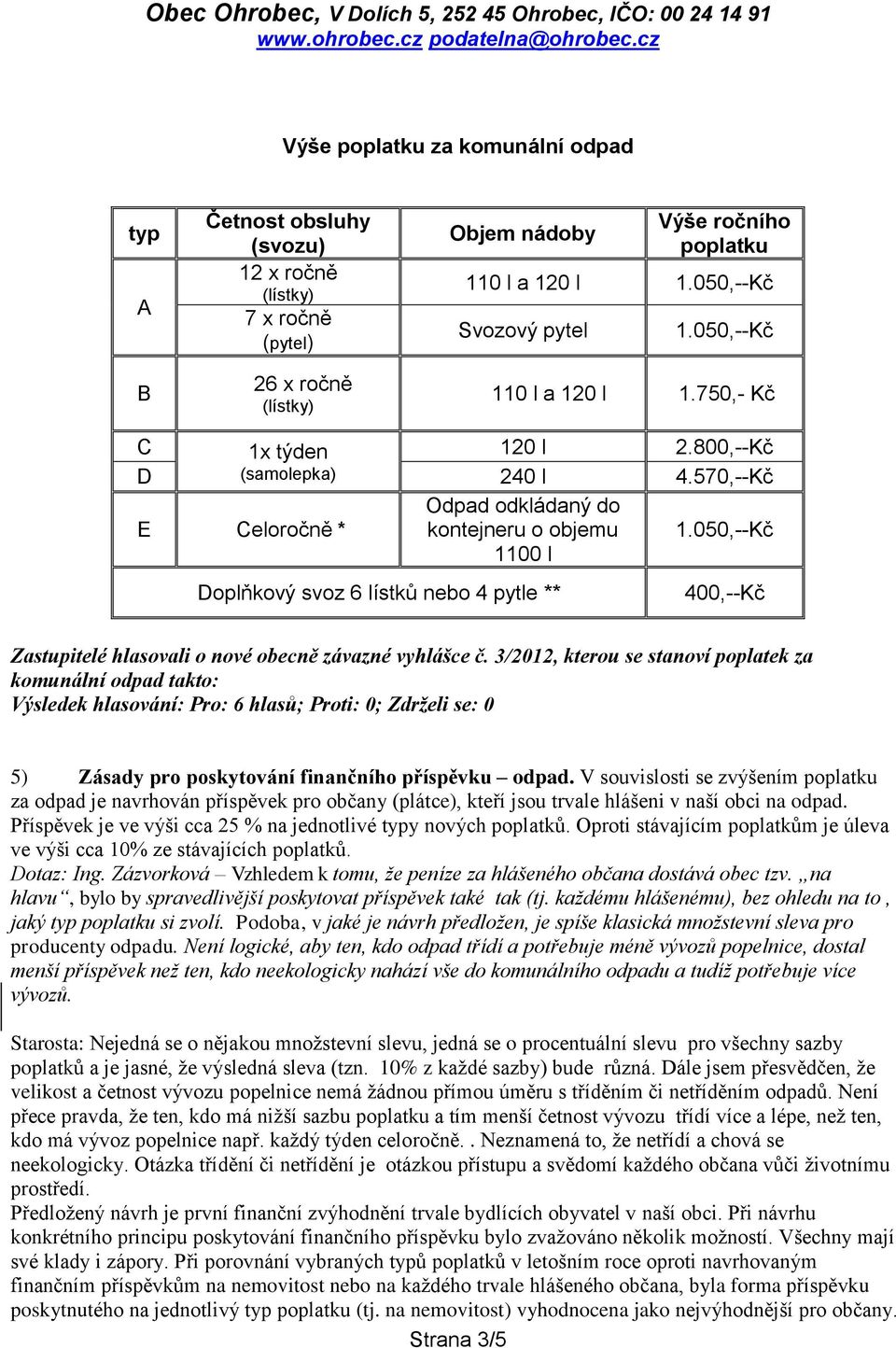 050,--Kč Doplňkový svoz 6 lístků nebo 4 pytle ** 400,--Kč Zastupitelé hlasovali o nové obecně závazné vyhlášce č.